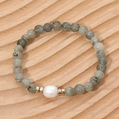 Fashnzfab Pearl Accent Semi Precious Stone Beaded Stretch Bracelet In Gray
