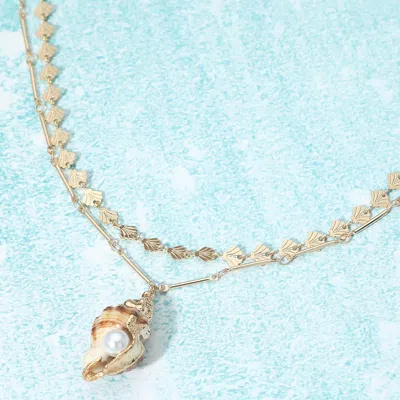 Fashnzfab Pearl Accent Shell Pendant Layered Chain Necklace In Silver