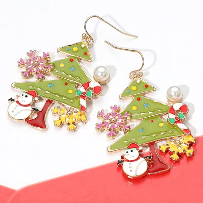 Fashnzfab Pearl Accent Snowman Snowflake Enamel Christmas Tree Dangle Earrings In Multi