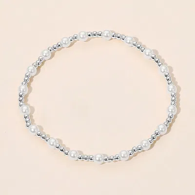 Fashnzfab Pearl Accent Stainless Steel Ball Beaded Stretch Bracelet In Metallic