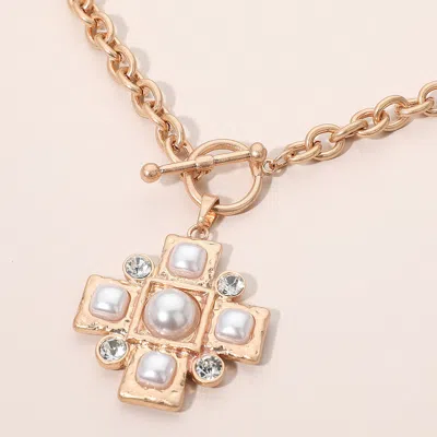 Fashnzfab Pearl Accent Stone Detail Cross Toggle Pendant Statement Necklace In Gold