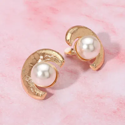 Fashnzfab Pearl Accent Textured Curved Metal Clip On Earrings In Gold