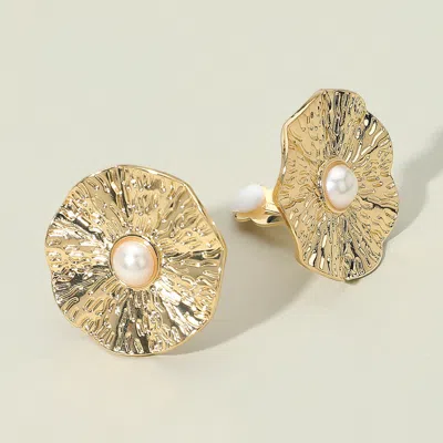 Fashnzfab Pearl Accent Textured Flower Clip On Earrings In Gold