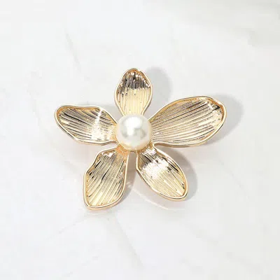 Fashnzfab Pearl Accent Textured Metal Floral Pin Brooch In Gold