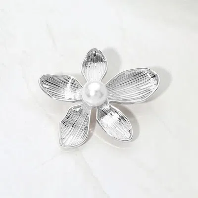 Fashnzfab Pearl Accent Textured Metal Floral Pin Brooch In Silver
