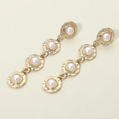 Fashnzfab Pearl Accent Textured Metal Frame Link Drop Earrings In Gold