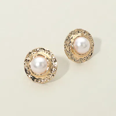Fashnzfab Pearl Accent Textured Metal Frame Stud Earrings In Burgundy