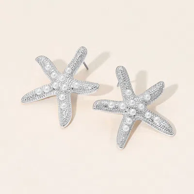 Fashnzfab Pearl Accent Textured Metal Starfish Earrings In Metallic