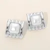 Fashnzfab Pearl Accent Textured Square Frame Earrings In Silver