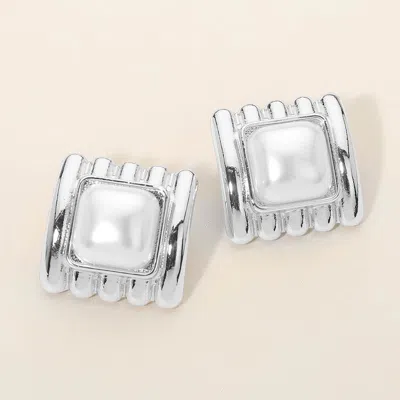 Fashnzfab Pearl Accent Textured Square Frame Earrings In Silver