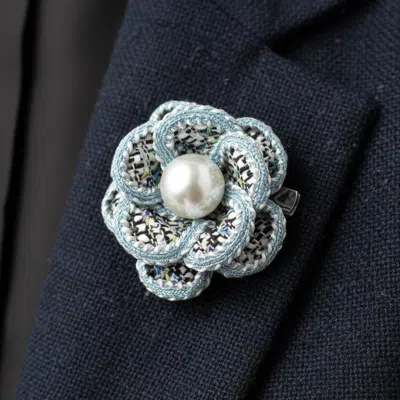 Fashnzfab Pearl Accent Tweed Floral Pin Brooch Hair Clip In Blue