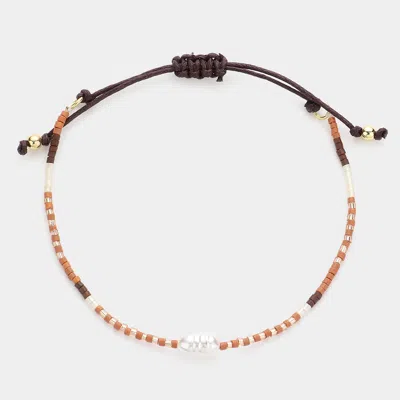 Fashnzfab Pearl Accented Beaded Cinch Pull Tie Bracelet Beige In Red