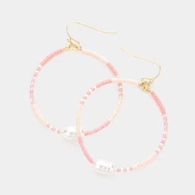 Fashnzfab Pearl Accented Beaded Open Circle Dangle Earrings - Pink
