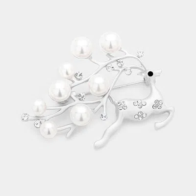 Fashnzfab Pearl Accented Christmas Metal Rudolph Pin Brooch In Multi