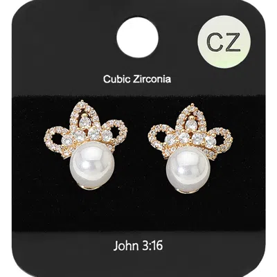 Fashnzfab Pearl Accented Cz Embellished Crown Stud Evening Earrings In Black