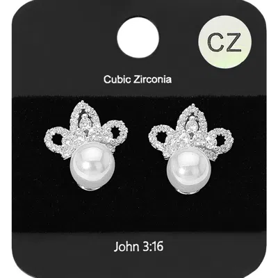 Fashnzfab Pearl Accented Cz Embellished Crown Stud Evening Earrings In Gold