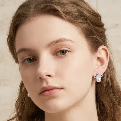 Fashnzfab Pearl Accented Cz Embellished Crown Stud Evening Earrings In Multi