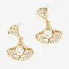 Fashnzfab Pearl Accented Cz Gold Dipped Ginkgo Leaf Dangle Earrings In Multi