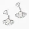 Fashnzfab Pearl Accented Cz White Gold Dipped Ginkgo Leaf Dangle Earrings In Multi