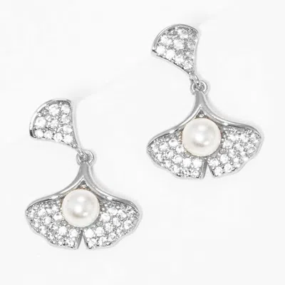 Fashnzfab Pearl Accented Cz White Gold Dipped Ginkgo Leaf Dangle Earrings In Multi