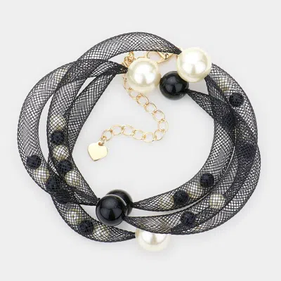 Fashnzfab Pearl Accented Mesh Wrap Bracelet Black, Cream In Multi
