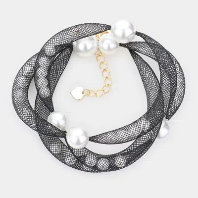 Fashnzfab Pearl Accented Mesh Wrap Bracelet Black, White In Silver