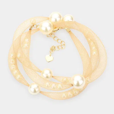Fashnzfab Pearl Accented Mesh Wrap Bracelet Cream, Gold