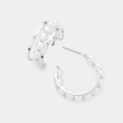 Fashnzfab Pearl Accented Metal Split Hoop Earrings - Rhodium In Silver