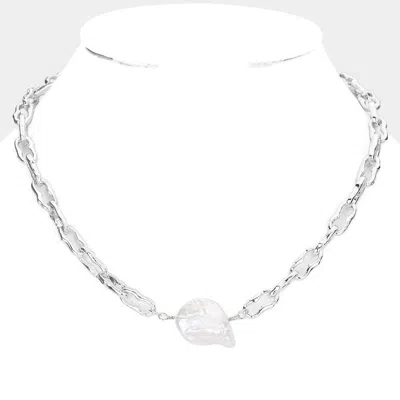 Fashnzfab Pearl Accented Open Metal Link Necklace In Silver