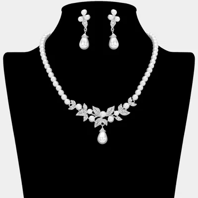 Fashnzfab Pearl Accented Rhinestone Leaf Cluster Necklace In Black