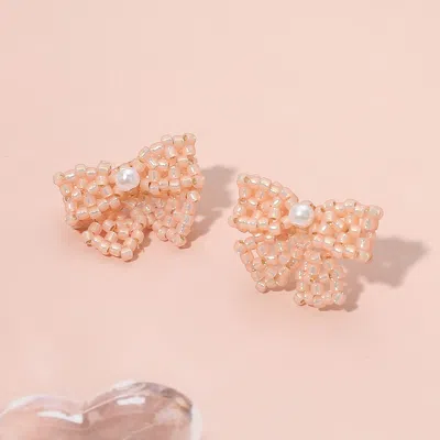 Fashnzfab Pearl Accented Seed Beaded Bow Stud Earrings - Light, Pink In Multi