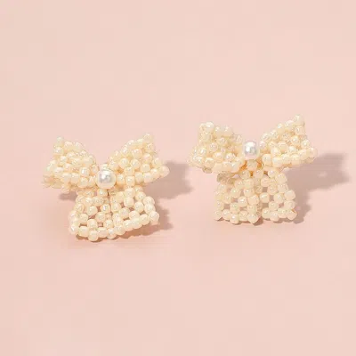 Fashnzfab Pearl Accented Seed Beaded Bow Stud Earrings In Gold