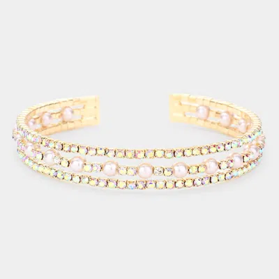 Fashnzfab Pearl Accented Split Rhinestone Cuff Evening Bracelet Ab, Gold