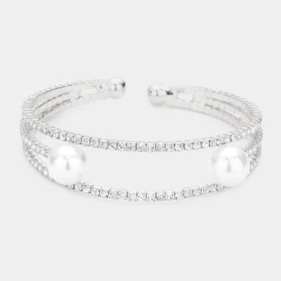 Fashnzfab Pearl Accented Split Rhinestone Cuff Evening Bracelet Silver