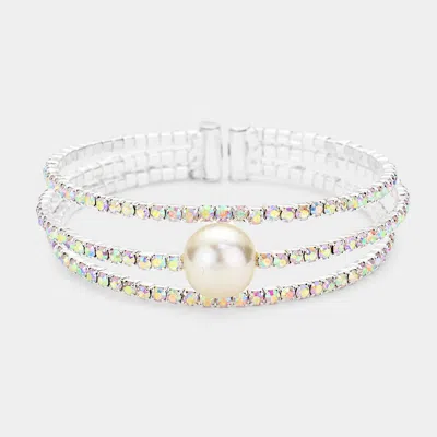 Fashnzfab Pearl Accented Split Rhinestone Evening Cuff Bracelet In Multi