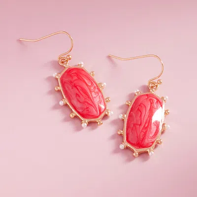 Fashnzfab Pearl Around Marbled Enamel Hexagon Plate Dangle Earrings In Red