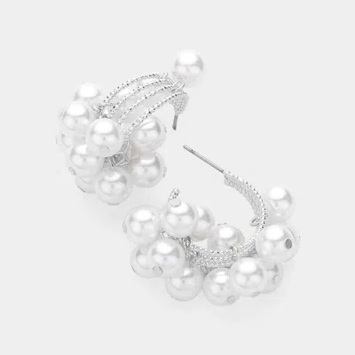 Fashnzfab Pearl Ball Dangle Embellished Hoop Earrings In White