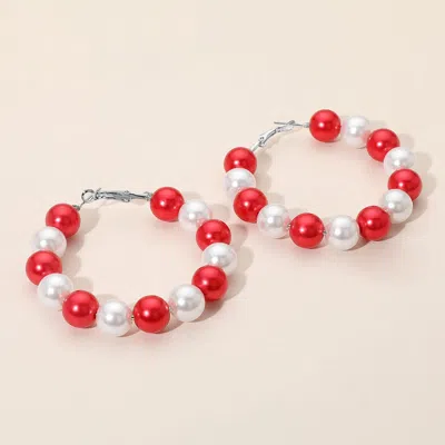 Fashnzfab Pearl Ball Hoop Earrings In Red