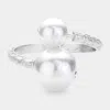 Fashnzfab Pearl Ball Tip Hinged Bangle Bracelet - Rhodium, White In Brown