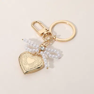 Fashnzfab Pearl Beaded Bow Pointe Metal Heart Locket Bag Charm Keychain In Gold