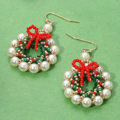 Fashnzfab Pearl Beaded Christmas Wreath Dangle Earrings - Cream, Gold In Multi