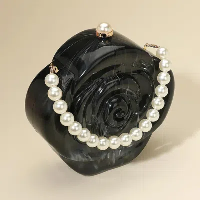 Fashnzfab Pearl Beaded Handle Rose Clutch Bag / Crossbody Bag In Black