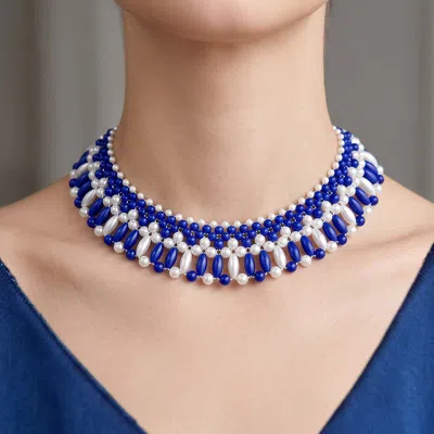 Fashnzfab Pearl Beaded Layered Collar Choker Necklace In Blue
