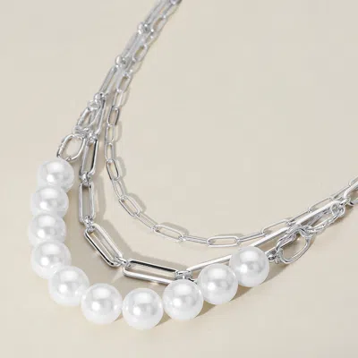 Fashnzfab Pearl Beaded Metal Chain Layered Necklace In Silver