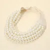 Fashnzfab Pearl Beaded Multi Layered Faux Leather Magnetic Necklace In White