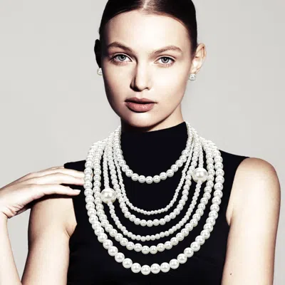 Fashnzfab Pearl Beaded Multi Layered Statement Necklace In White