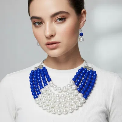 Fashnzfab Pearl Beaded Multi Strand Statement Necklace In Blue
