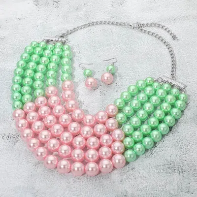 Fashnzfab Pearl Beaded Multi Strand Statement Necklace In Green