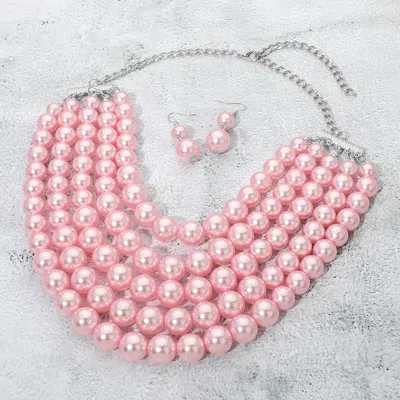 Fashnzfab Pearl Beaded Multi Strand Statement Necklace In Pink