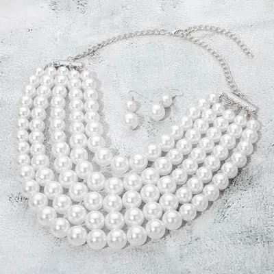 Fashnzfab Pearl Beaded Multi Strand Statement Necklace In White